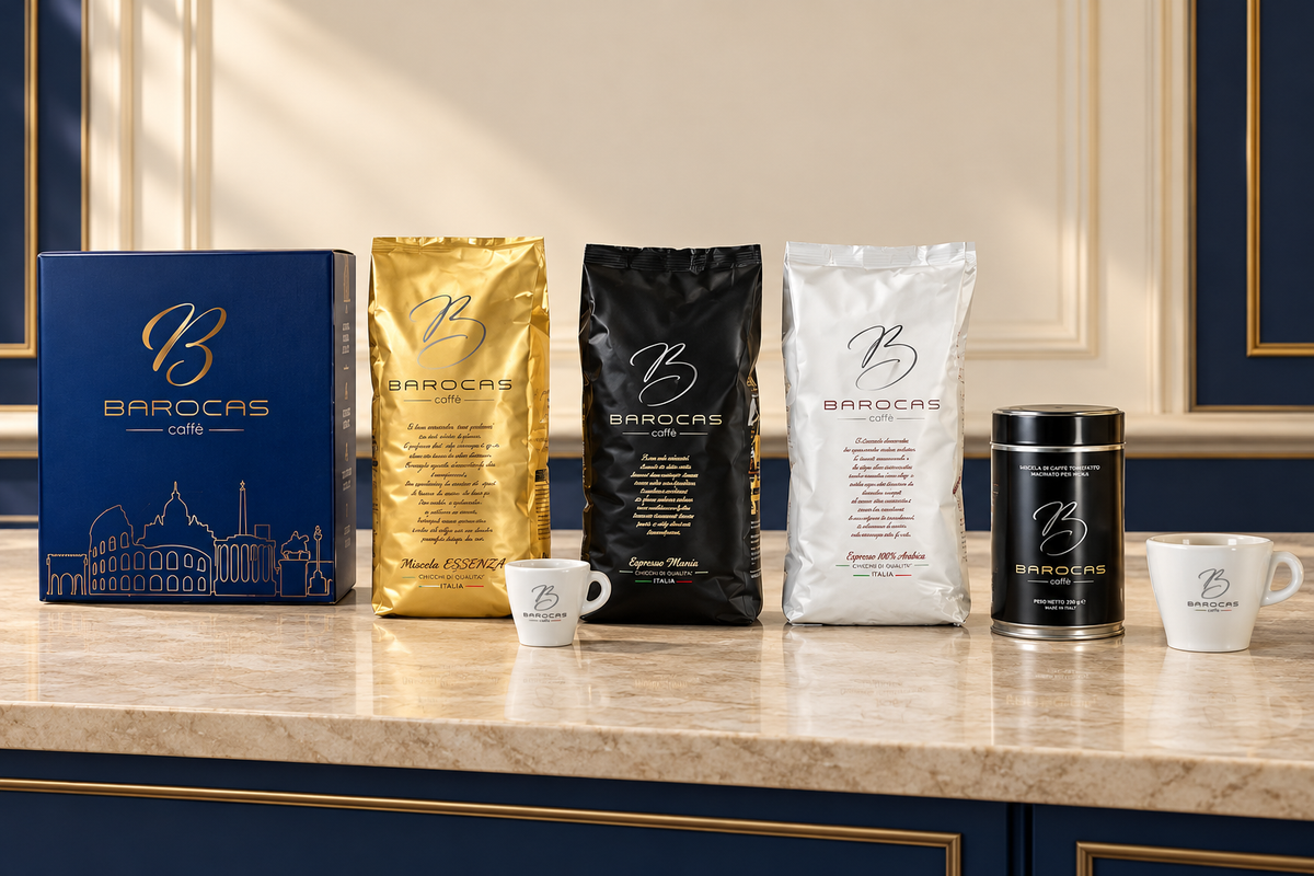 Assortimento Barocas Caffè con miscele in grani, caffè macinato e tazzine