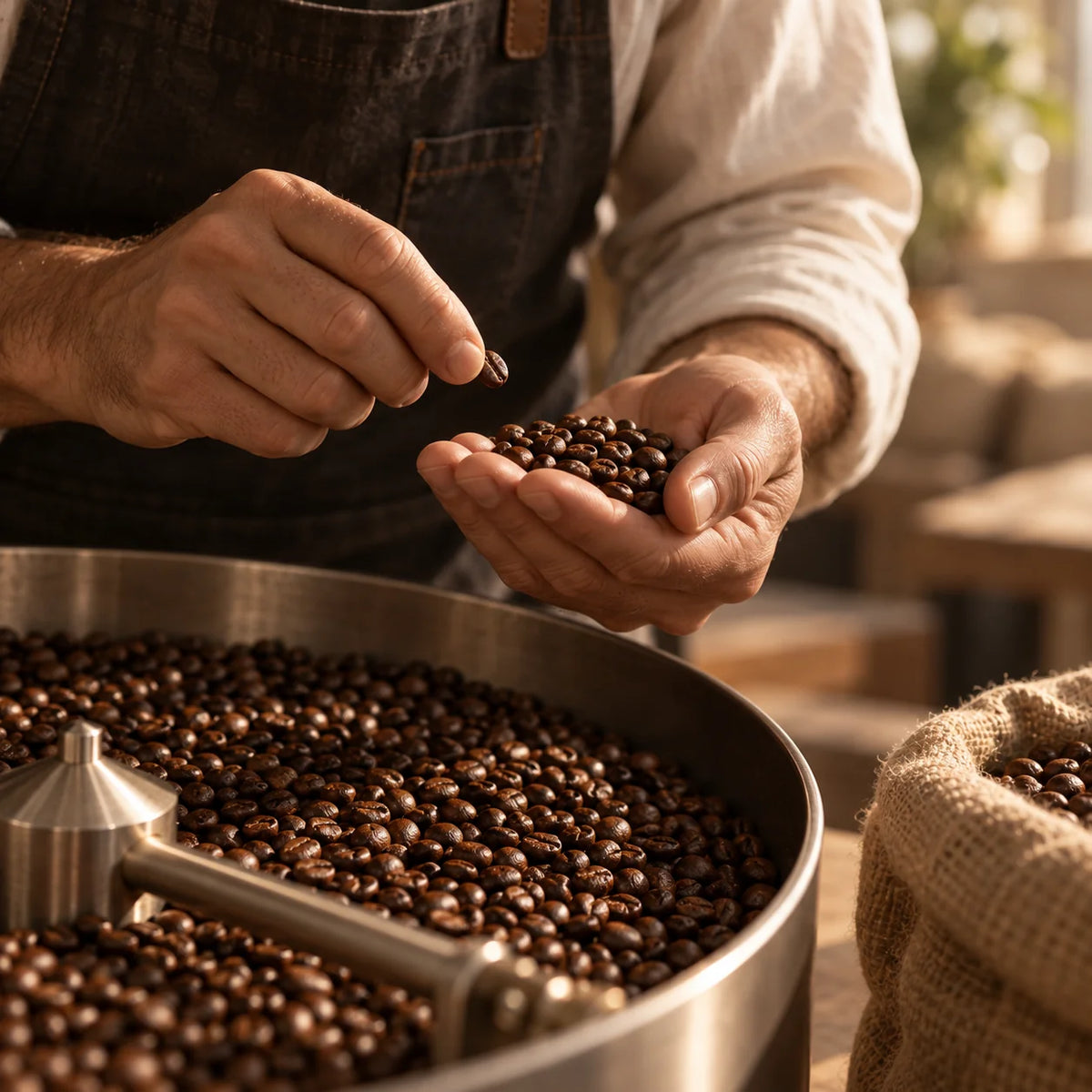 Mani di un artigiano che selezionano chicchi di caffè tostato, senza volto, scena illustrativa