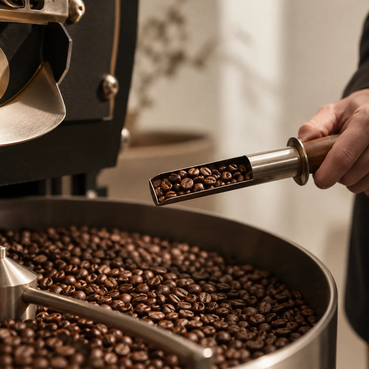Chicchi di caffè tostato raccolti con una sonda metallica durante un controllo artigianale, scena illustrativa