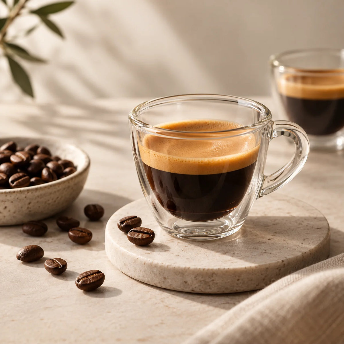 Tazzina di espresso con crema dorata accanto a chicchi di caffè su un piano chiaro, scena illustrativa