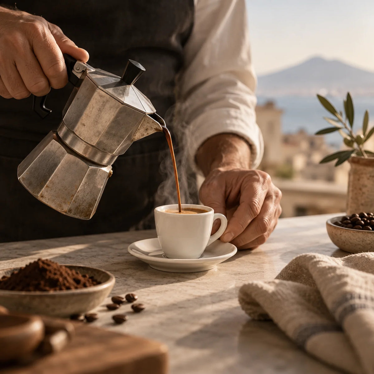 Mani che versano il caffè da una moka tradizionale in una tazzina, scena illustrativa